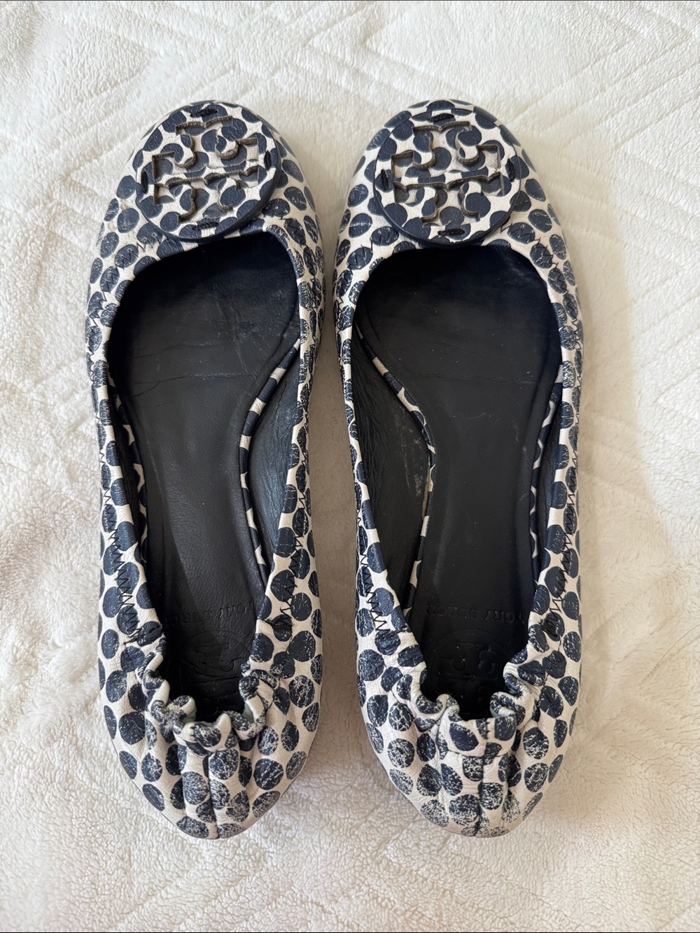 Tory Burch Navy Blue and White Logo Dot Ballet Flats